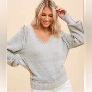 NWT Hem & Thread Women's V-Neck Knit Sweater Bubble Sleeve